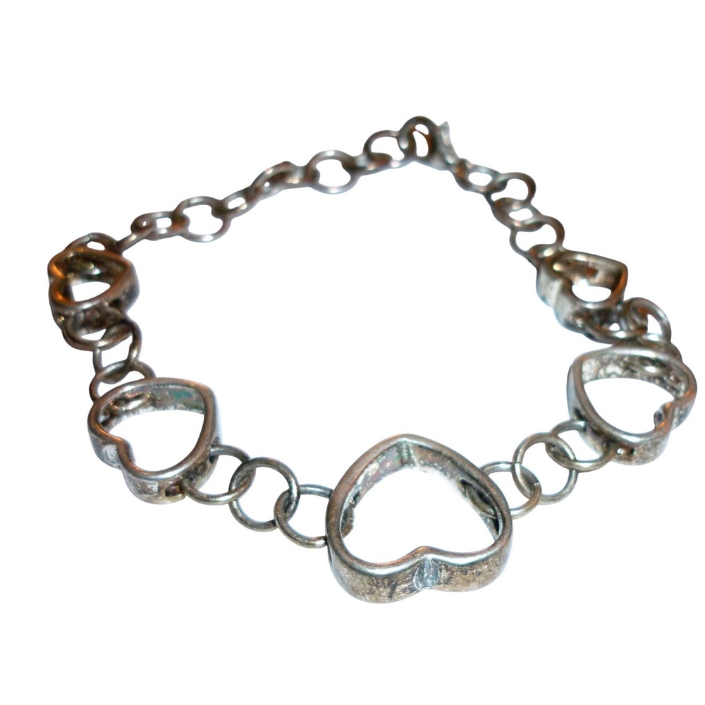 Silver Tone Open Heart Charm Link Bracelet 7.5 Inch Lobster Clasp